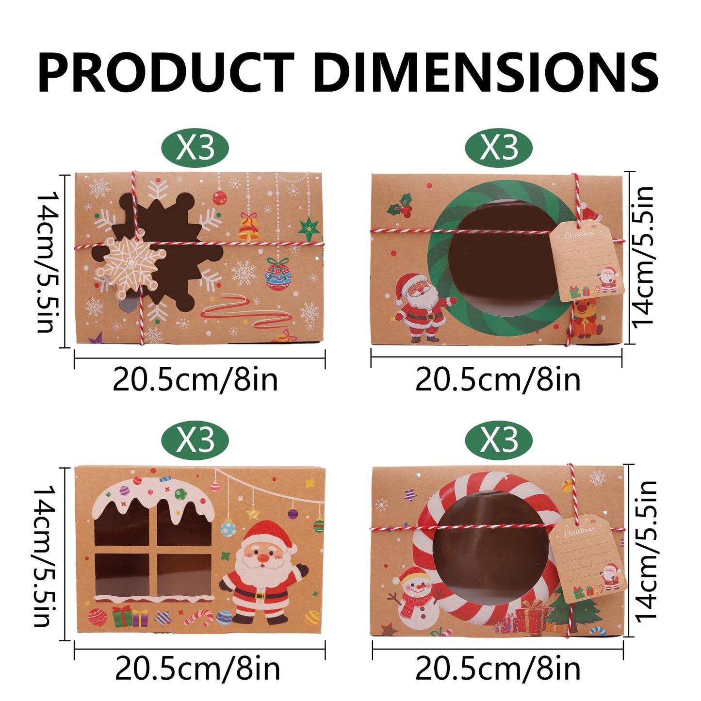 12pcs Christmas Cookie Boxes with 6 Cookie Cutters Shapes, Santa,Tree,Snowflake,Candy Cane,8 x 5.5 x 2.36 In Bakery Pastry Box,Food Container,Kraft Paper Treat Boxes for Gift,Christmas Party Supplies