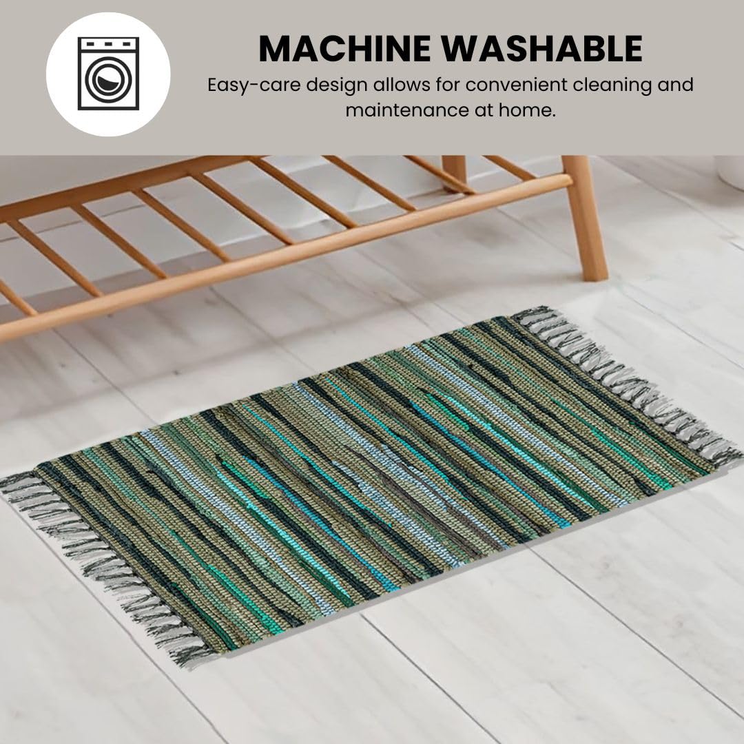 Threadvista Hand Woven Chindi Rug Cotton - Rustic Boho Accent Throw Rug for Living Room Bedroom Kitchen Entryway Floor Mats - Ideal for High Traffic Areas 20x32 inch Reversible Area Rug Green Multi