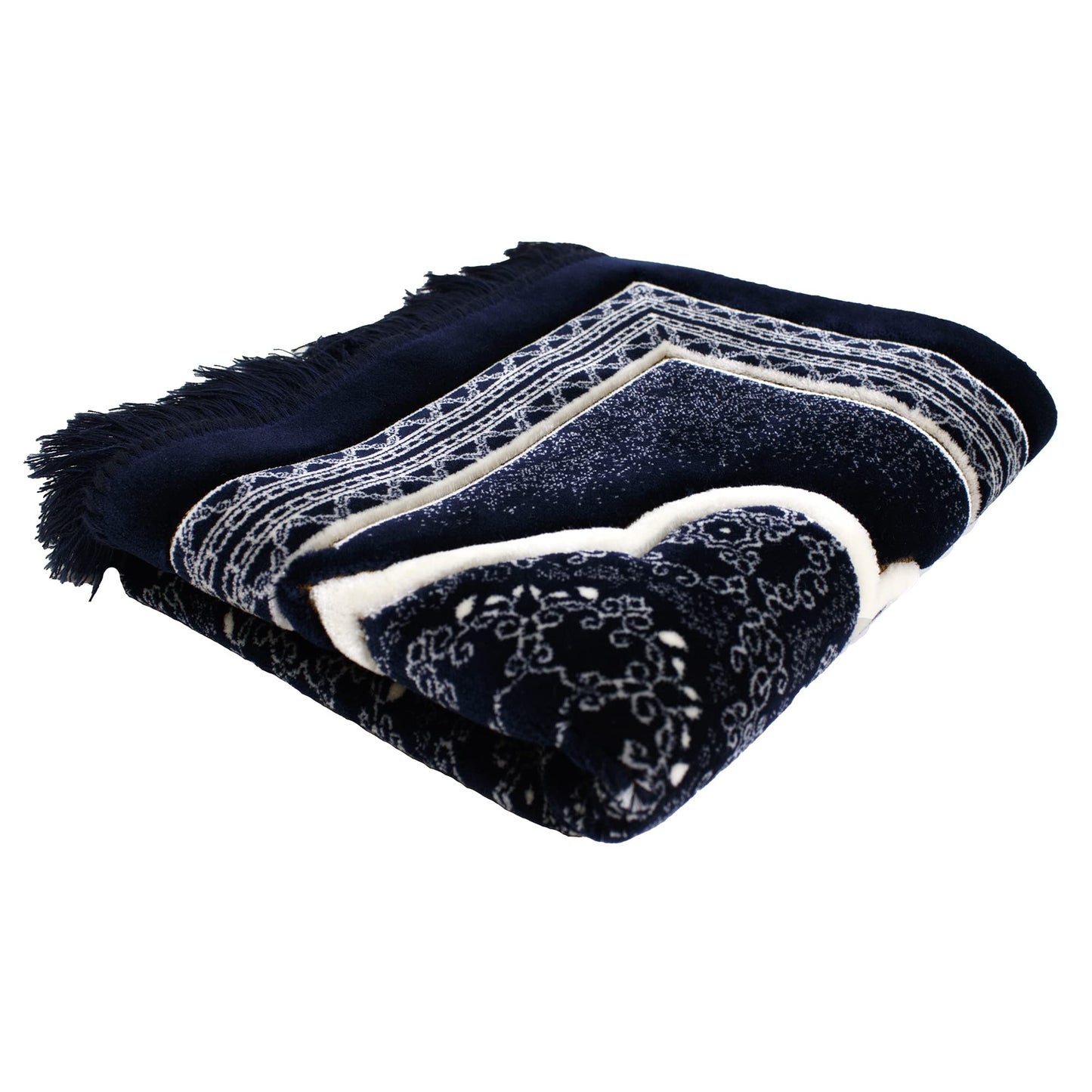 Modefa Turkish Islamic Prayer Rug - Soft Velvet Janamaz Praying Carpet - Comfortable Muslim Praying Mat for Men & Women - Ramadan or Eid Gift - with Kufi Prayer Cap - Elegant Swirl (Dark Blue)