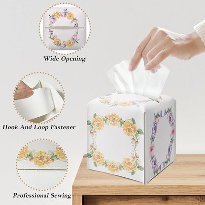 Yellow Floral Wreath Tissue Box Cover Square, Leather Tissue Holder with Bottom Belt, for Nightstands Desks Office Bathroom Car Vanity Home Decor Supplies -023