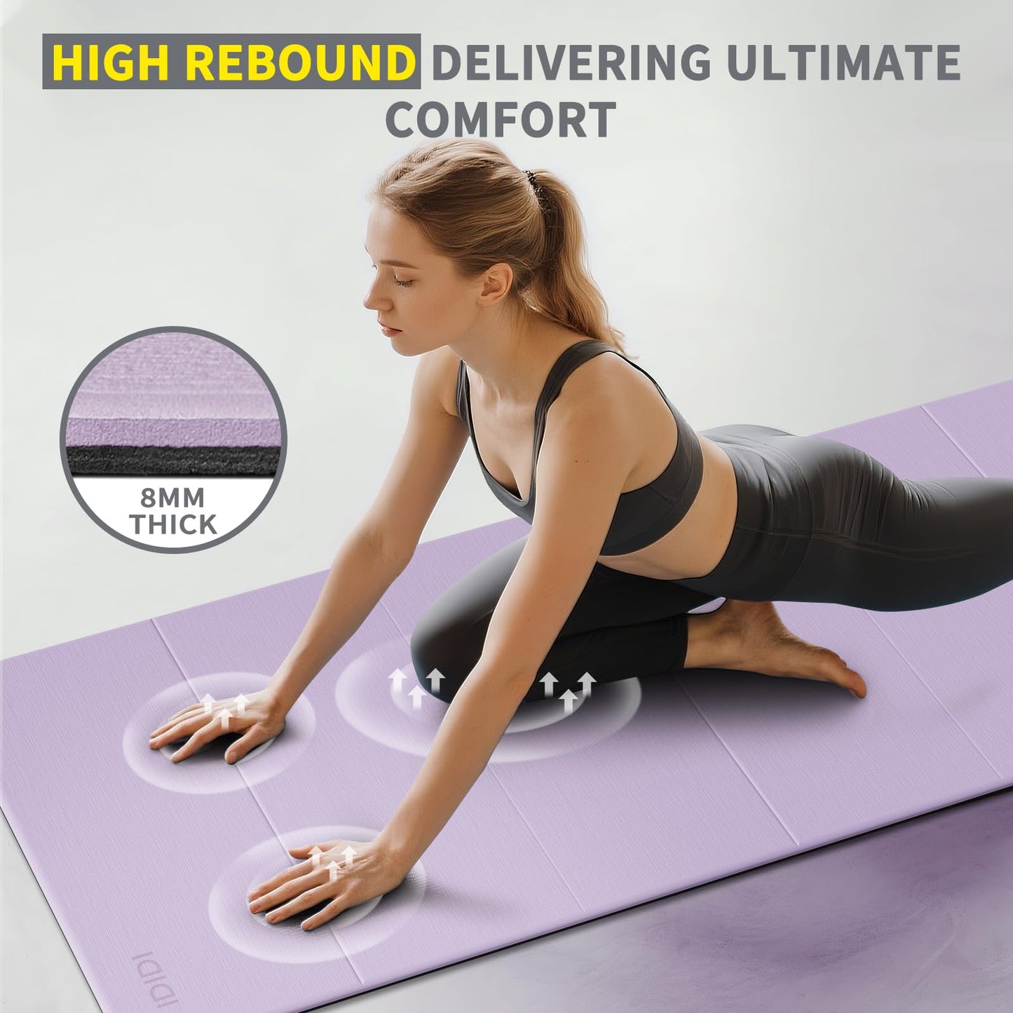 Foldable Extra Large Yoga Mat 74"×31.5", 8mm Double-Sided Non Slip Lightweight Fitness Mat for Adults & Kids, Portable for Home Studio & Travel