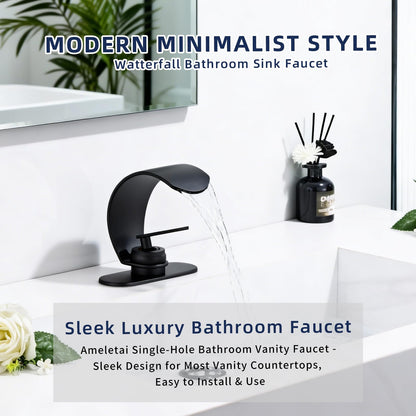 Ameletai Black Waterfall Single Hole Bathroom Sink Faucet, 304 Stainless Steel Single Handle Modern Bathroom Faucet, Snake Shape Design Basin Tap, Single Handle Basin Tap with Pop Up Drian Supply Line