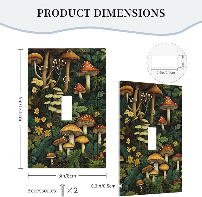 Mushrooms Forest Nature Botanical Art Light Switch Covers 1 Gang Single Toggle Wall Plate Decorative Switchcover Electrical Switchplate for Farmhouse Living Decor