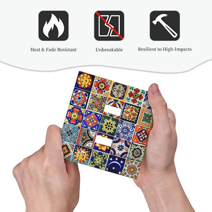Traditional Colorful Talavera Mexican Spanish Moroccan Tiles Double Toggle Light Switch Cover Decorative 2 Gang Wall Plate Electrical Switchplate Faceplate for Bathroom Decorate Accessories