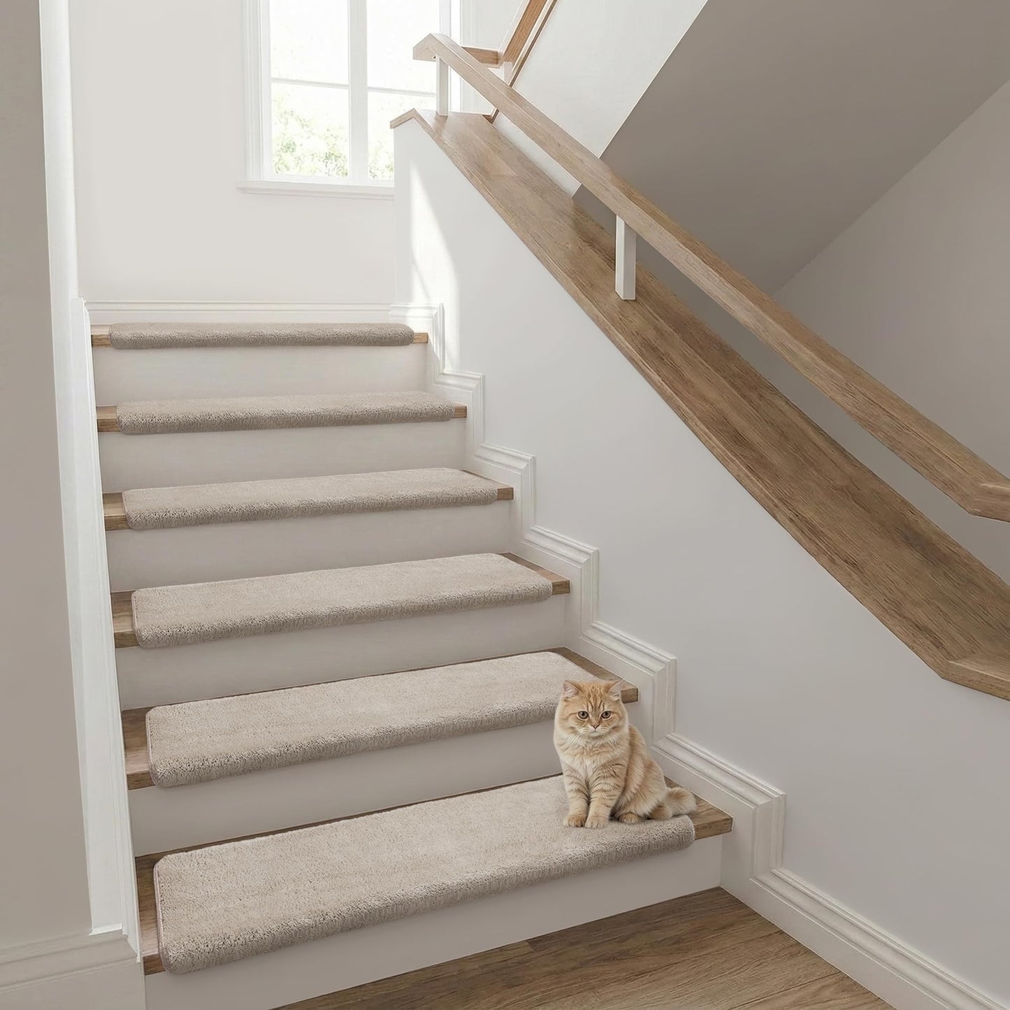 NEKL Bullnose Stair Treads Non Slip 9.5" x 32", 14 Pcs Ultra Plush Carpet Stair Treads for Wooden Steps Indoor with Edge Protection, Reusable Peel and Stick TPU Backing Stair Runner Rugs - Beige Gray