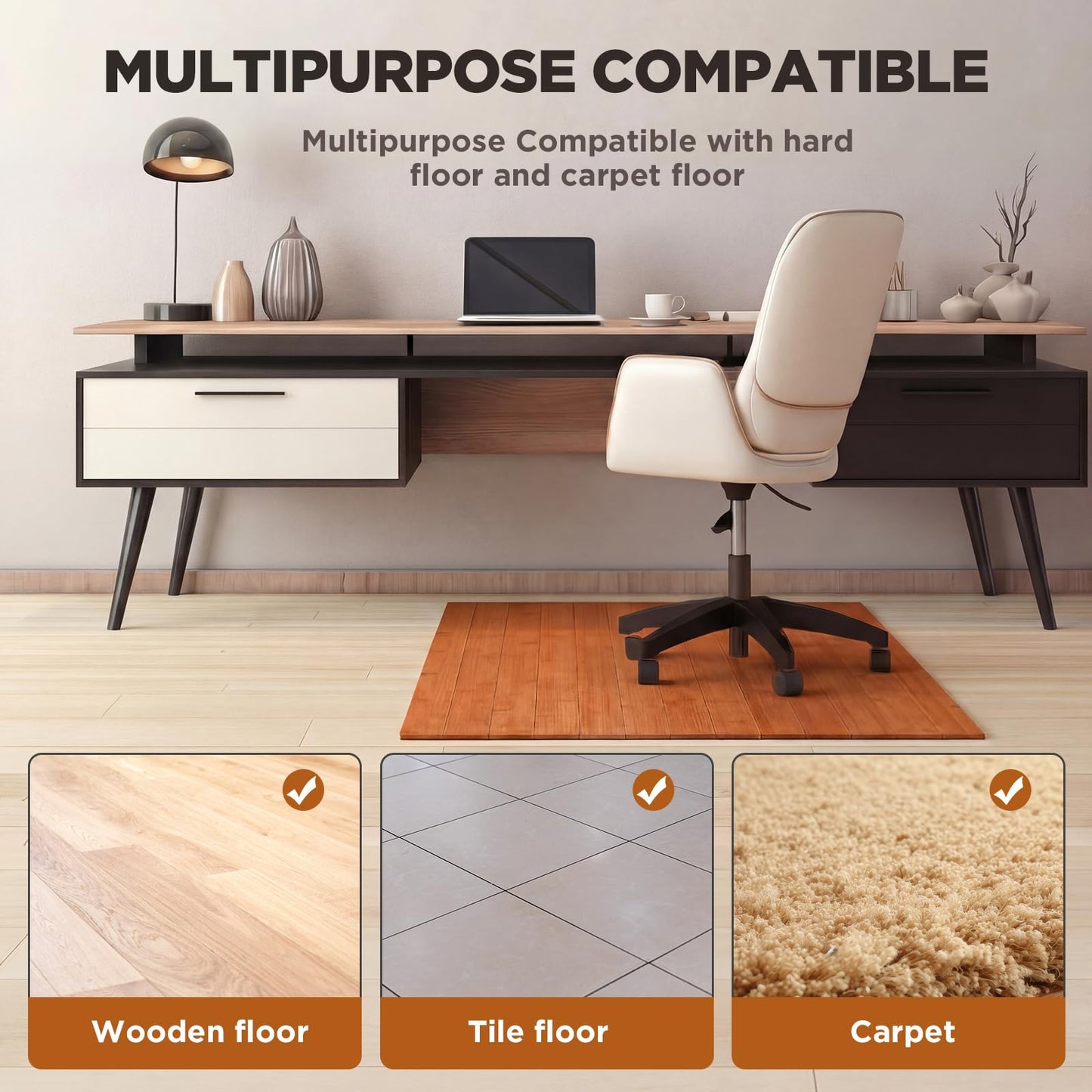 Leinuosen 36" x 48" Office Bamboo Chairmat for Carpet Floor Mat Highly Premium Quality Anti-Slip Office & Home Floor Protector Low Pile Carpet Chair Mat, 5mm Thick(Without Lip, Walnut Wood)