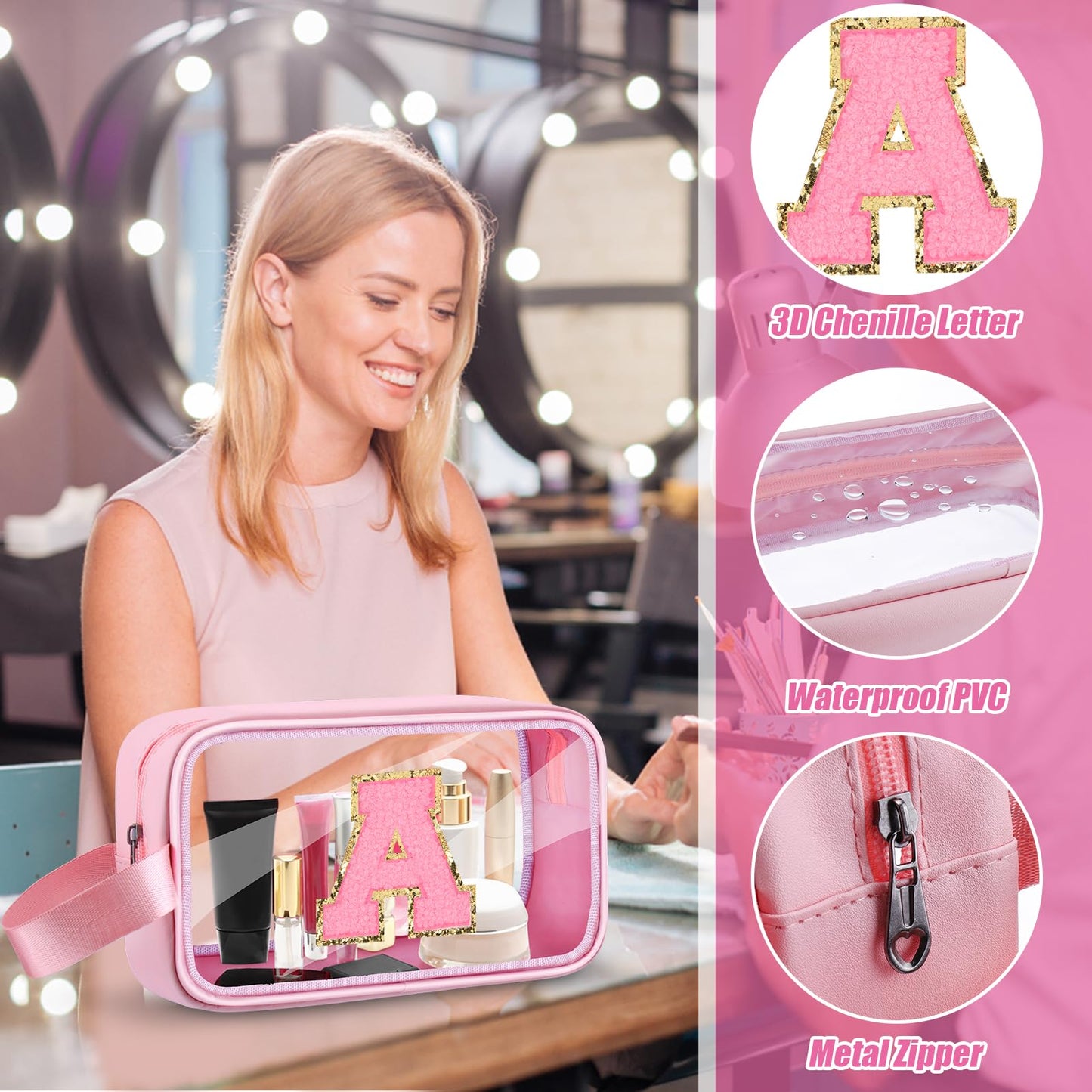 Vodolo Initial Makeup Bag,Letter A Cute Clear Monogrammed Cosmetic Travel Bag for Womens Girls,Personalized Pink Aesthetic Traveling Make Up Organizer Bag for Beach,Waterproof Toiletry Bag