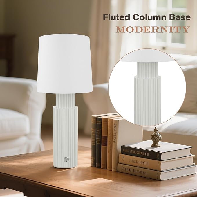 Cordless Modern Resin Table lamp, Fluted Column Base, 5200-mAh Rechargeable Battery, 3-Level Brightness, Build-in Integrated LED 320 Lumen Max, for Bedside Desk Nightstand Light