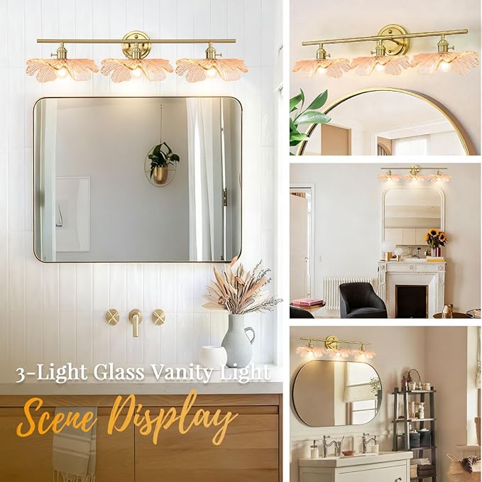 mid Century Bathroom Vanity Lights Over Mirror 3 Light Gold Wall sconce with Amber Glass Shade brass Vanity Lighting Vintage Wall sconces Glass wall lamp Wall Lighting for Bedroom Doorway Hallway