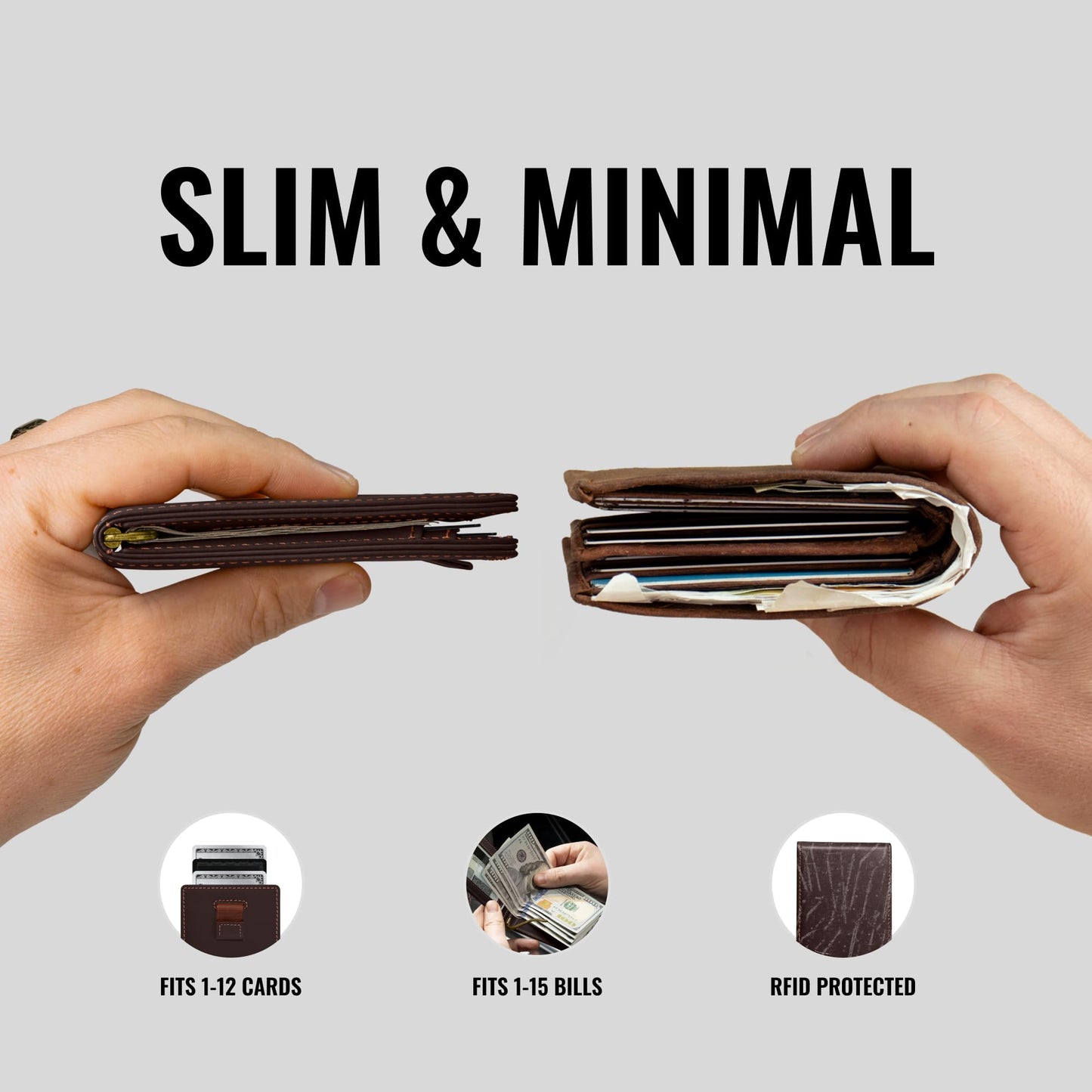 Kings Loot Wallet for Men | Minimalist Slim RFID Blocking Leather Design with Cash Pocket & Card Pull Strap | Holds 1-15 Cards | Stylish & Durable Wallets (Umber)