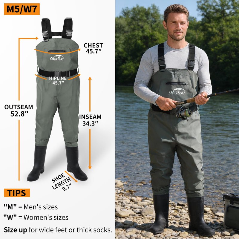 DikaSun Fishing Waders for Men & Women, Waterproof 2-Ply Nylon/PVC Chest Wader with Boots for Outdoor Sizes 4-13 Bootfoot