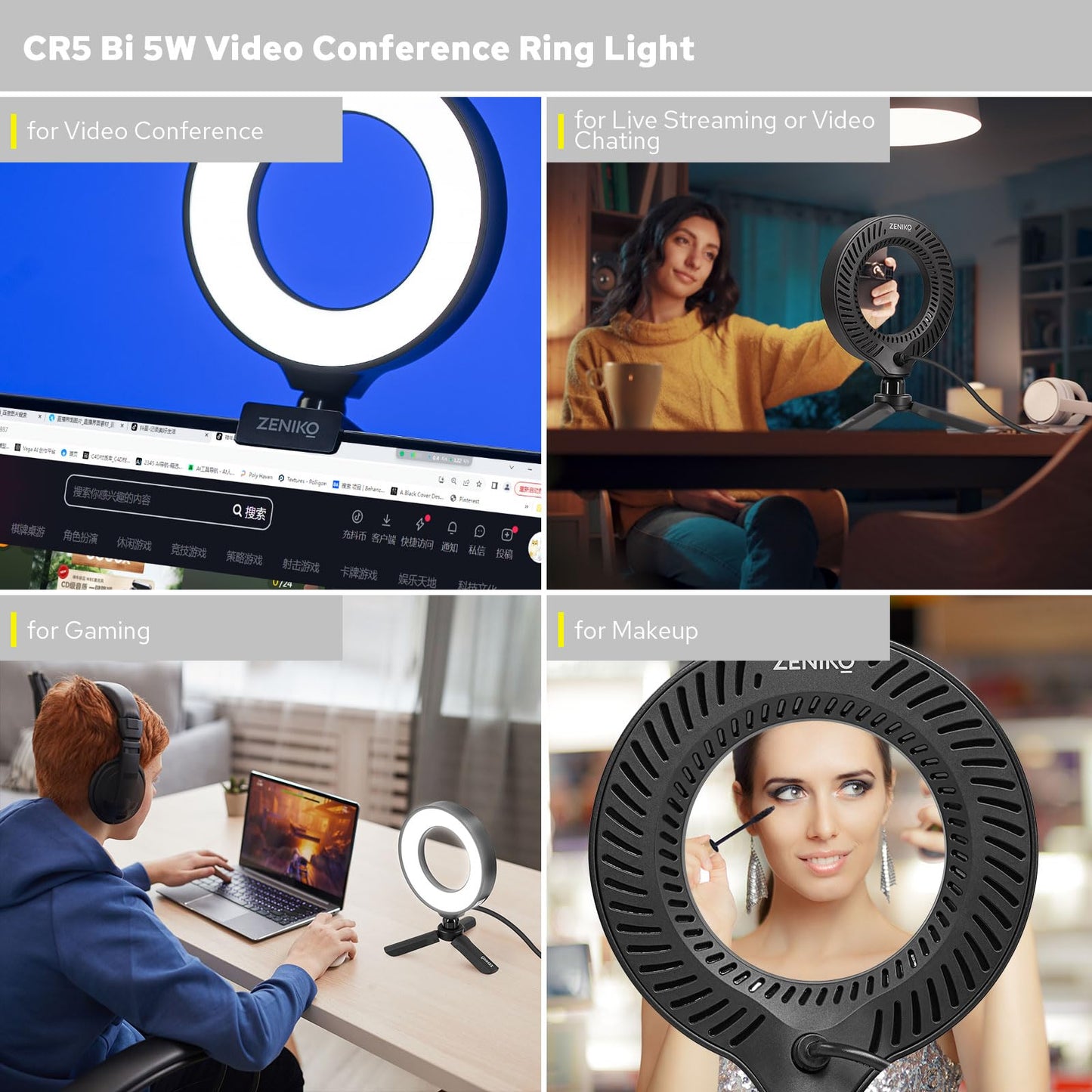 ZENIKO CR5 Video Conference Lighting Kit, 5" Ring Light Clip on Laptop Monitor, Desk Light with Stand Tripod, Bi-Color CRI >95 for Webcam Lighting, Zoom Lighting, Broadcasting, Live Streaming