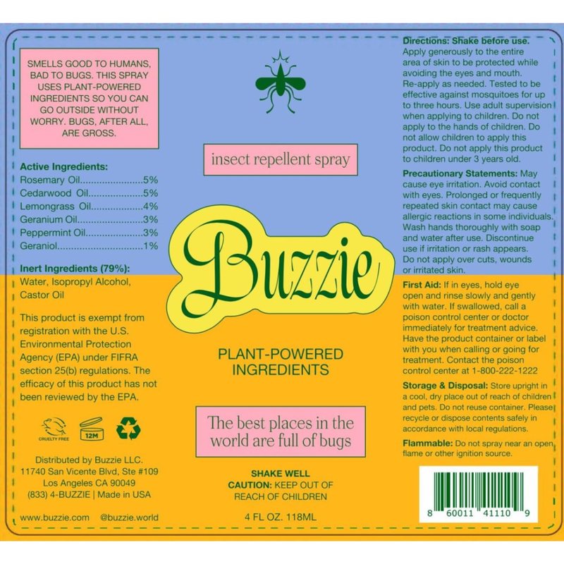 Buzzie Bug Spray for Kids & Family - Plant and Essential Oil-Based Mosquito Spray, 3Hr Protection, TSA Travel Safe | 2 Pack (4oz + 1.7oz)