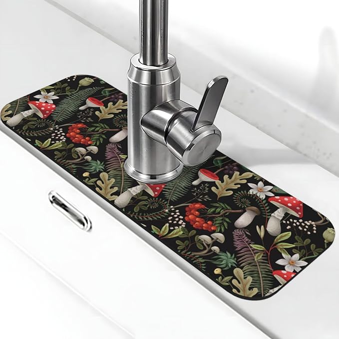 Forest Mushroom Mushrooms Leaves Flowers Kitchen Sink Splash Guard Faucet Mat