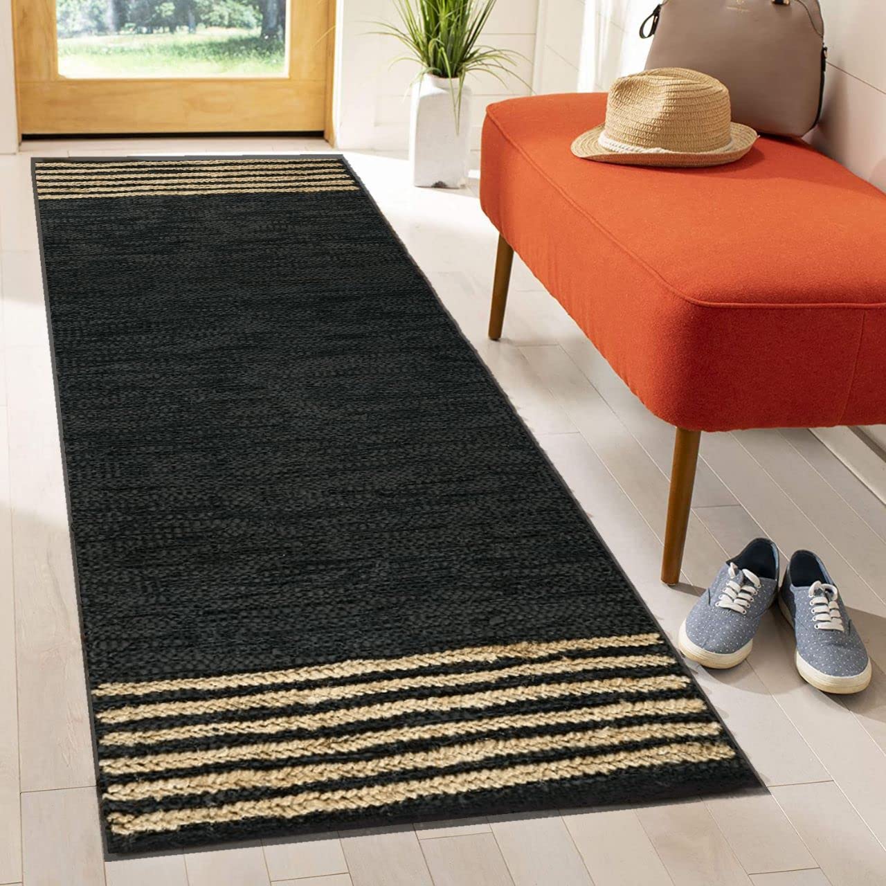 GRUHUM Jute Runner Rug 2'6"x 8' ft Natural Fiber Leather Black Jute Area Rug Handwoven Boho Farmhouse Braided Rustic Vintage Ecofriendly Indoor Rugs for Kitchen Living Room Bedroom Hallways Entryways