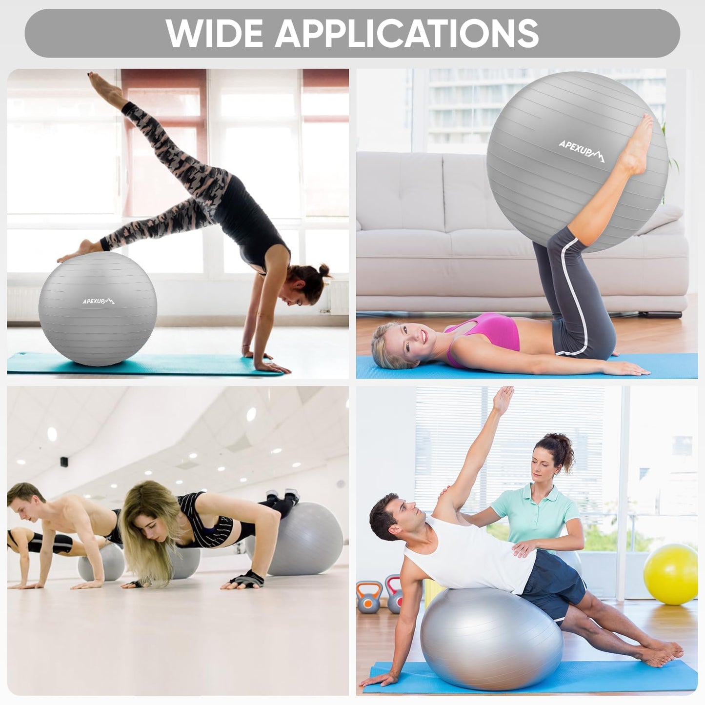 APEXUP Yoga Ball, 660 lbs Anti-Burst Exercise Ball with Pump, 5 Sizes (S (15"~18") 45cm, Silver)