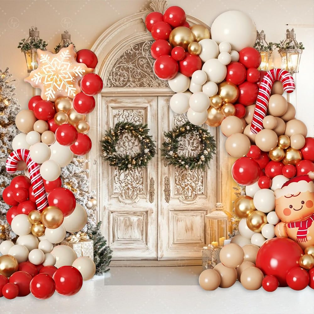 135Pcs Christmas Balloon Garland Arch Kit, Red White Metallic Gold Latex Balloons with Gingerbread Candy Cane Snowflake Foil Balloons for Christmas New Year Winter Holiday Birthday Party Decorations