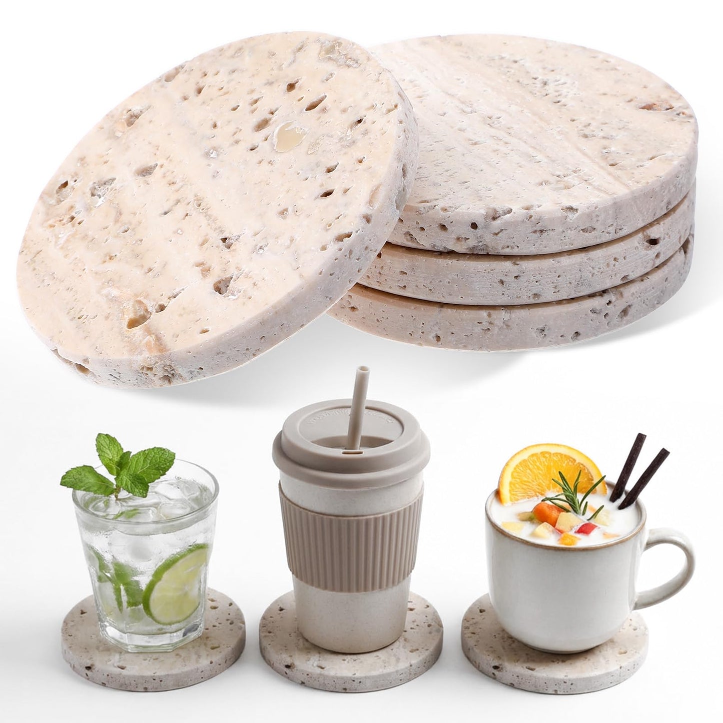 Giloaou Travertine Coasters Set of 4, Marble Absorbent Coaster with Non-Slip Cork Backing, 4'' Round Stone Drink Coasters for Home & Office - Protect Tables from Stains & Scratches