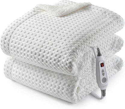 CAROMIO Heated Blanket Throw, Waffle Weave Electric Throw Blanket Fast Heating with LCD Controller, 6 Heat Levels & 4 Hour Auto Shut Off, ETL Certified, Machine Washable, Off White, 50" x 60"