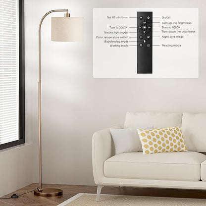 Arc Floor Lamp with Remote and Stepless Dimmable Bulb, Colors Temperature & Brightness Adjustable, Floor Lamps for Living Room（Deep Beige Shade & Brown Pole）