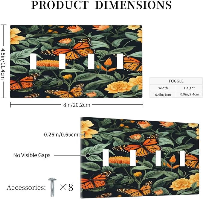Butterflies Flower Garden Light Switch Covers Quad Toggle 4 Gang Wall Plate Decorative Switchplate Electrical Faceplate for Farmhouse Bathroom Living Decor