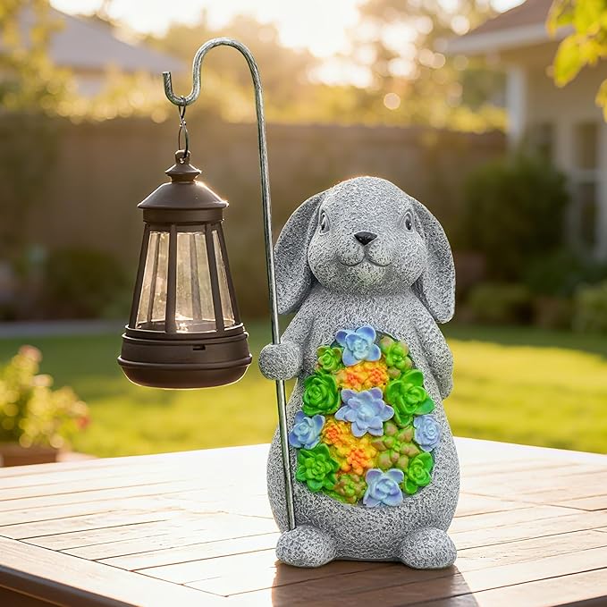 Solar Rabbit Garden Statue with Lantern – Waterproof Resin Outdoor Decor for Yard, Lawn, Patio, Garden – Gift for Easter, Christmas, Housewarming – Solar Garden Decor