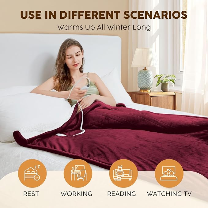 HYLEORY Heated Electric Blanket Twin 62"x84" Soft Fleece & Flannel with 5 Heating Levels & 10 Hours Timer Auto Shutt Off, ETL Certified, Washable，Heated Blanket for Body-Red