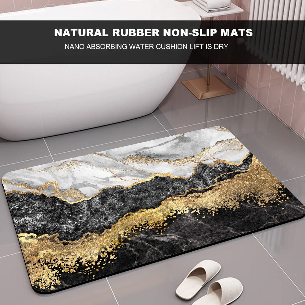ZHUZHISHAN Diatomaceous Earth Bath Mat,Black White Gray Gold Marble Non-Slip Volume Super Absorbent Fast Drying for Bathroom Kitchen Door mat,Eco-Friendly Easy to Clean 16×24Inch (40 * 60cm)