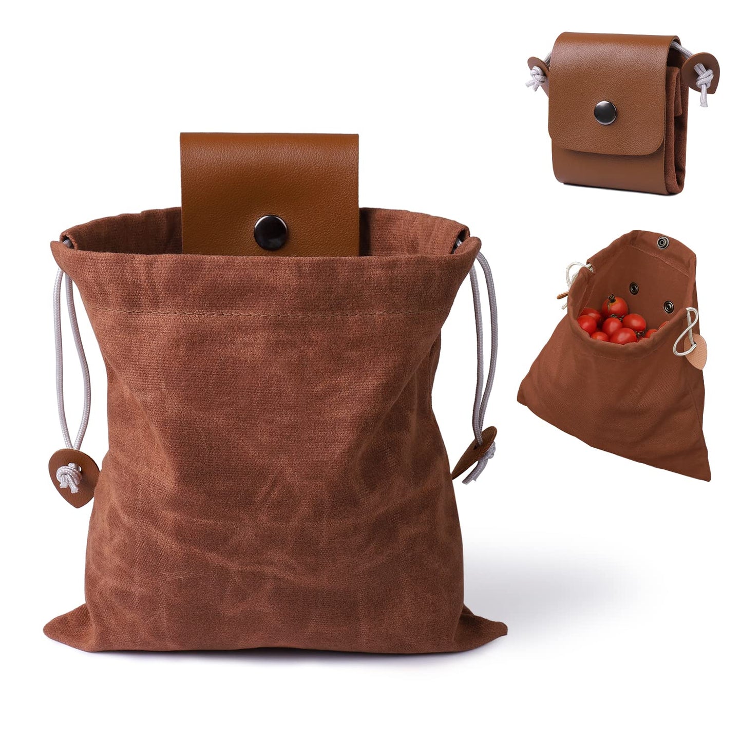 Brown Foraging Bag, Outdoor Picking Fruit Bags, Waxed Canvas Foraging Pouch, Foldable Leather Belt Pouch With Drawstring Multi-Purpose Picking Bag for Camping, Shells, Treasures, Travel, Hiking, Tools