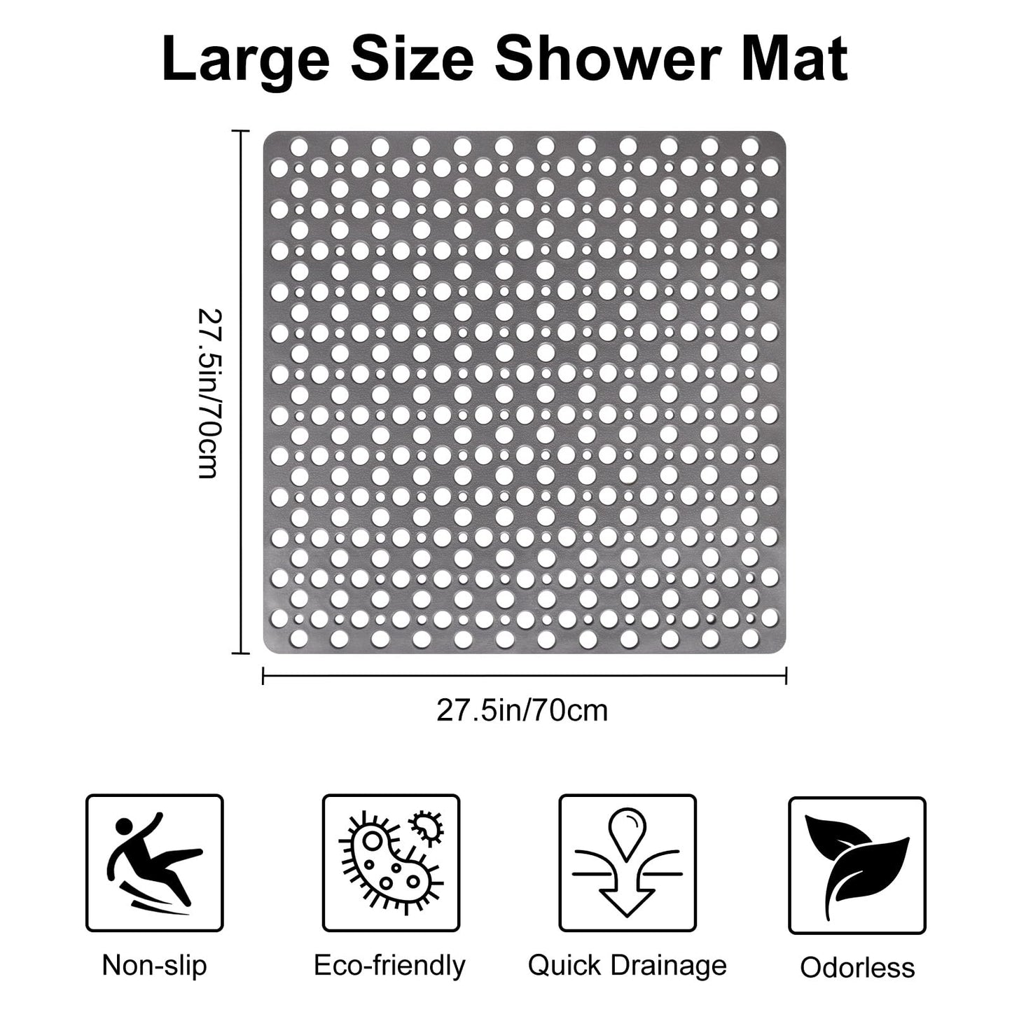 EIVINJE Anti Slip Shower Mat with Suction Cups,27x27 Inch Quick Drain TPE Non Slip Shower Mats for Inside Shower,Large Bath Mat for Shower Soft on Feet, Easy to Dry&Cut Machine Washable