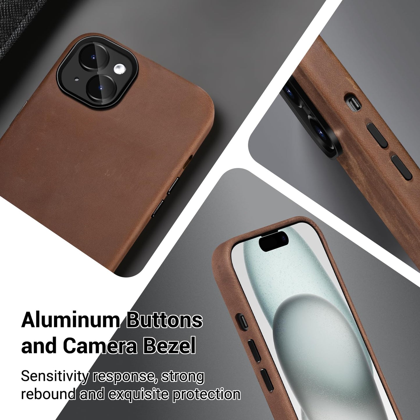 Belemay Compatible with iPhone 14 Leather Case Magsafe - Top Grain Vintage Crazy Horse Leather - Metal Buttons & Camera Bezel Bump - Slim Fit & Soft Feel - Premium Phone Cover (6.1-inch) Retro Brown