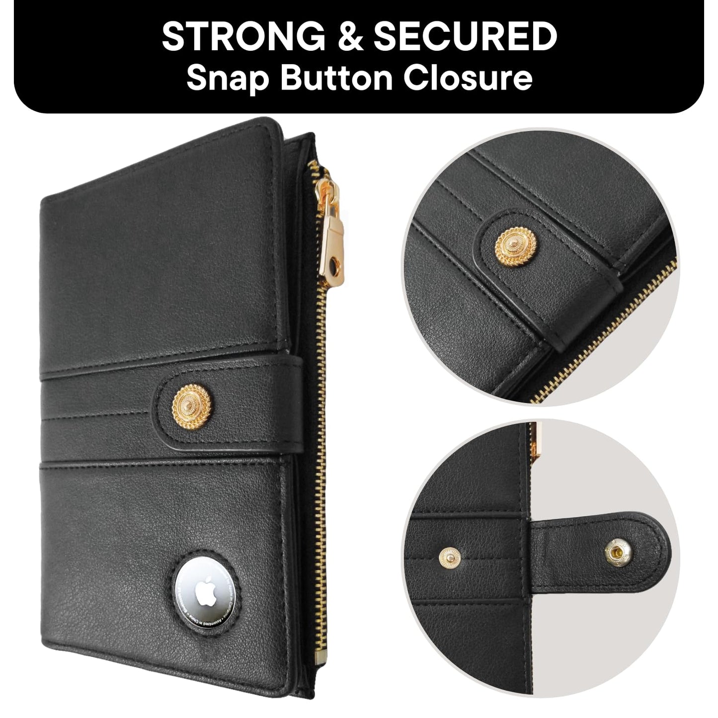 elzama Women's RFID Blocking Passport Wallet, Black with Airtag Holder, Includes Keychain & Pen Holder, Zippered, 11 Pockets, Faux Leather, Slim