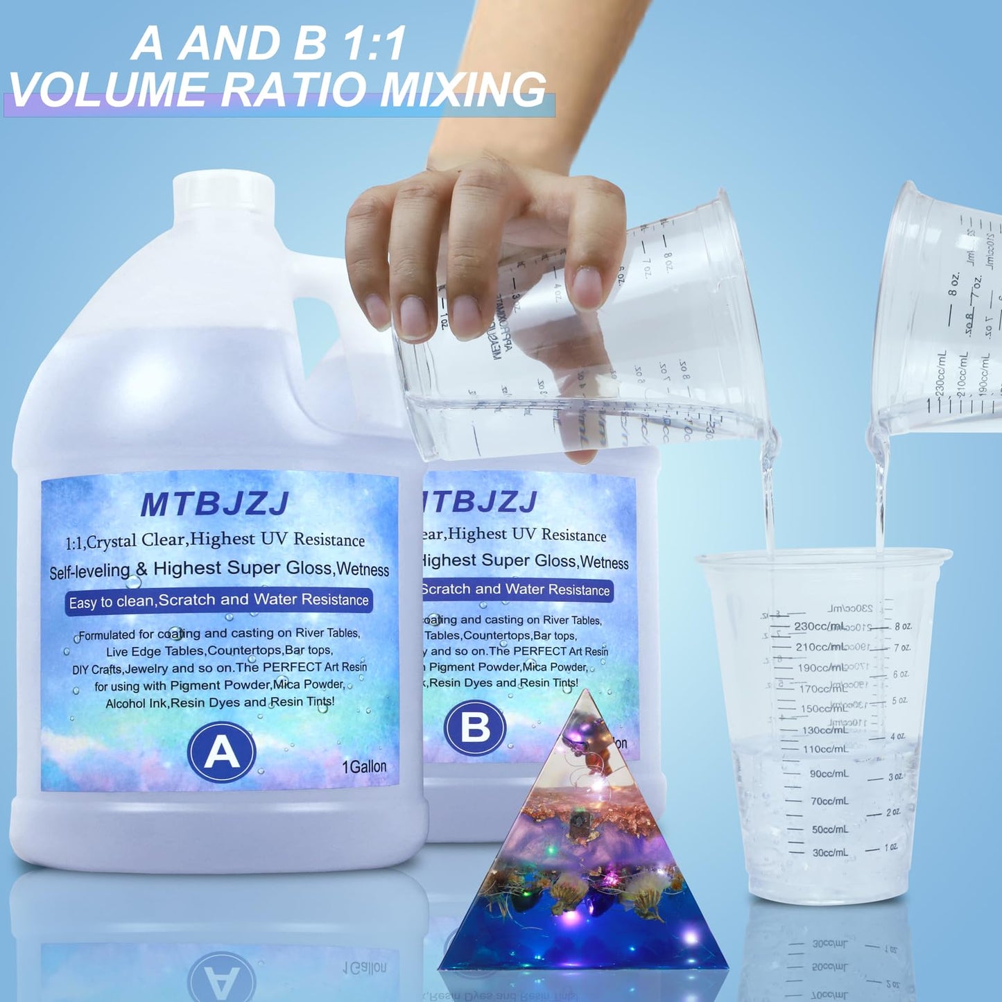 MTBJZJ Epoxy Resin 2 Gallon Kit - Crystal Clear Epoxy Resin | Self Levels for Jewelry Casting Resin Molds DIY, Arts & Crafts, Bars, Tabletop Art 1:1 Ratio(1 Gallon x 2)