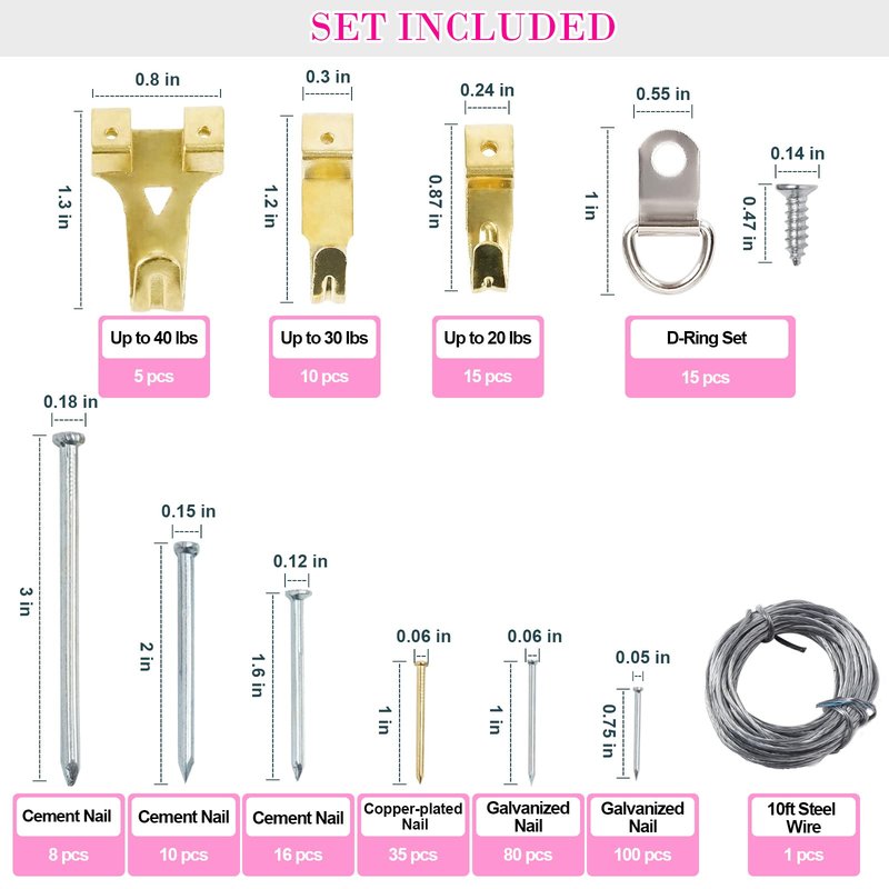 TOYIEW Picture Hanging Kit, 315pcs Hanging Hardware with Hooks, Wire, Nails, D Ring, Wall Hanging Kit with Hangers, Magnetic Level and Small Pink Claw Hammer, nails for hanging pictures for Home Decor