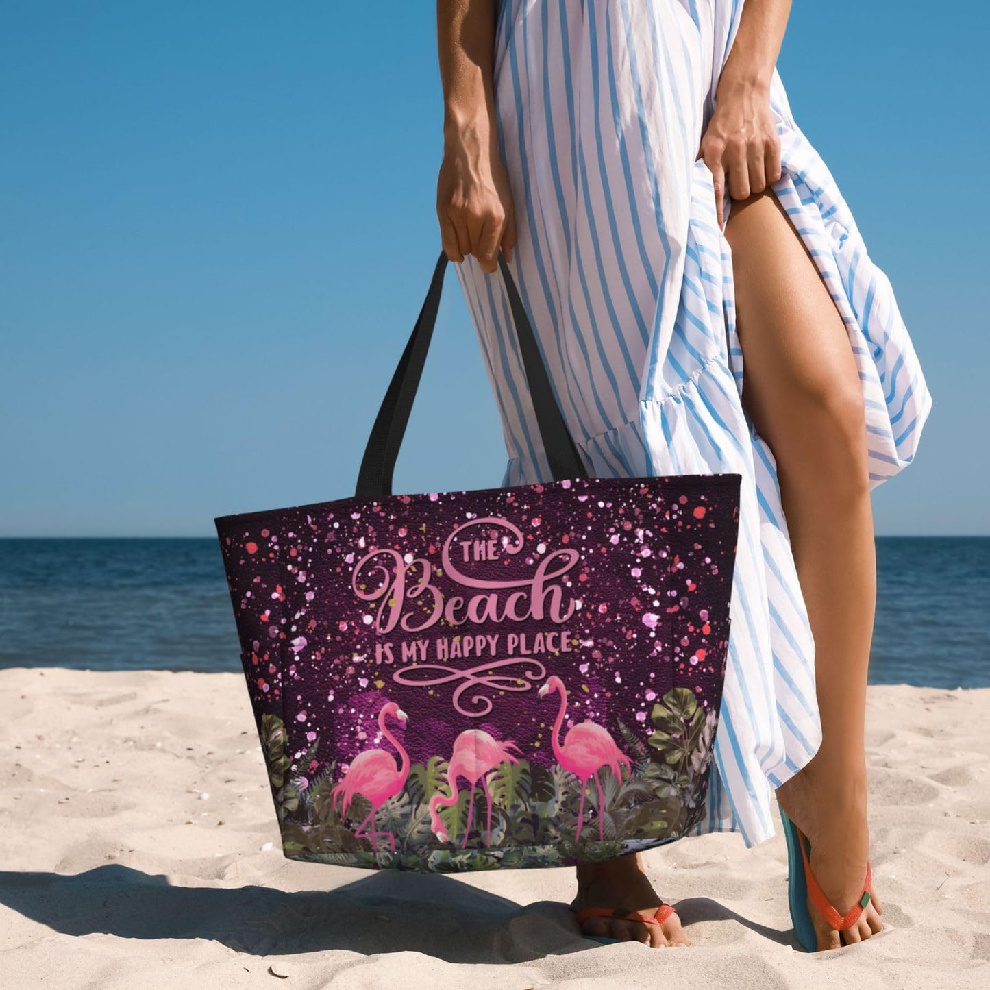 Mvcpoci Beach Bags Waterproof Sandproof Beach Bags For Women, Leopard Flamingo Print Beach Tote For Trendy Vacation