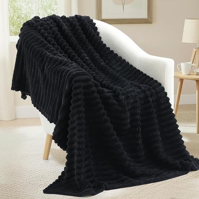 decorUhome Soft Fleece Black Twin Blanket for Bed, Cozy Fluffy Plush Flannel Striped Throws for Couch Sofa, Lightweight Decorative Ribbed Fuzzy Blanket for Woman, 60x80 Inches
