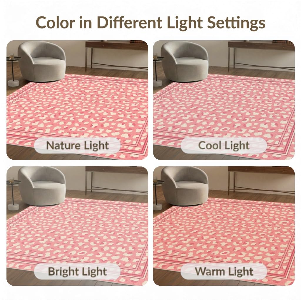 ODIKA 5'x7' Washable Area Rug Print Spotted Leopard Inspired Border Abstract Motif Pink Cheetah Refined for Dining Room, Under Table, Home Office, Non-Slip Chair-Friendly