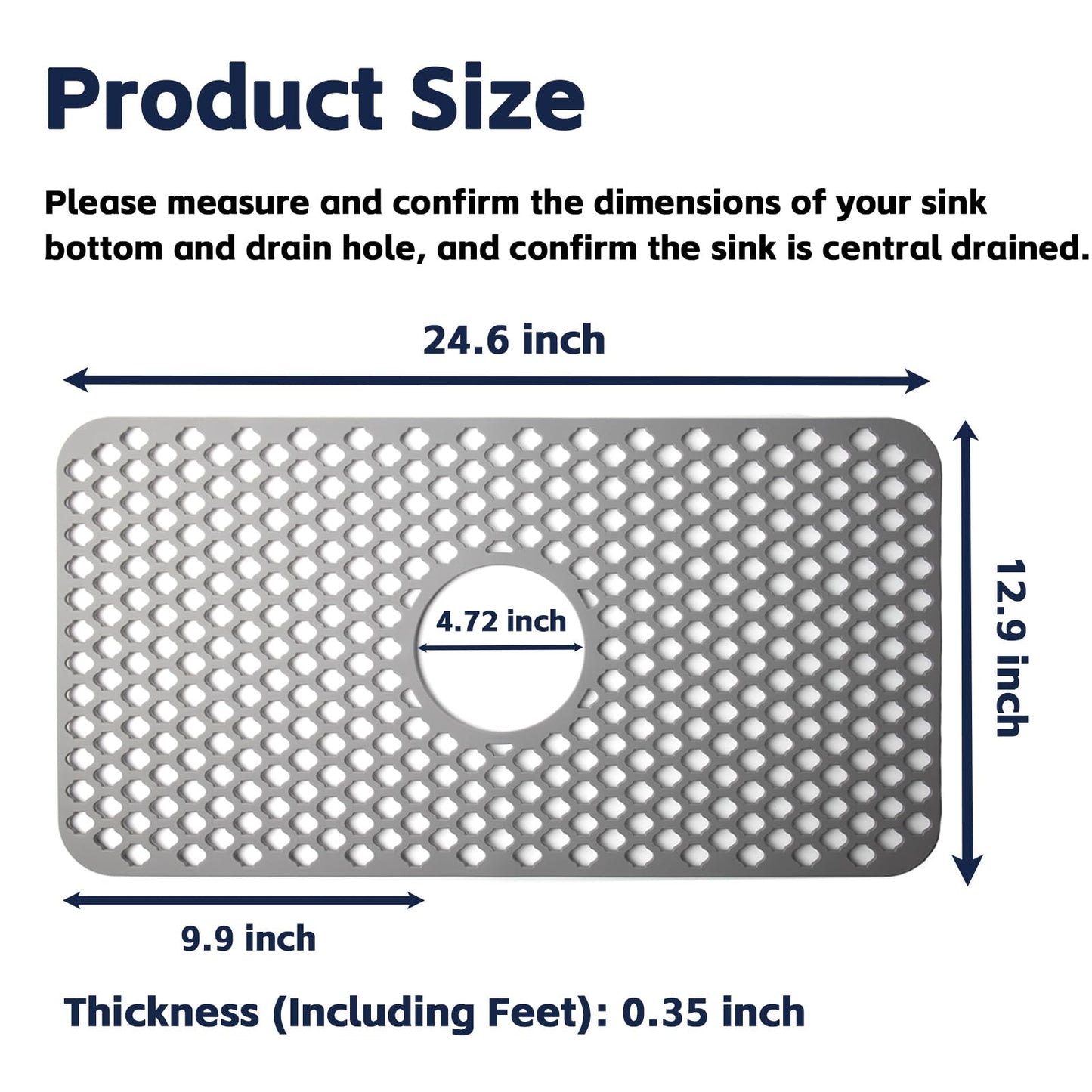 TwinnekYR Silicone Sink Mat, 24.6''x 12.9'' Kitchen Sink Protector Grid for Bottom of Center Drain Sink, Gray Non-slip Heat Resistant Liner for Farmhouse Stainless Steel Porcelain Sink