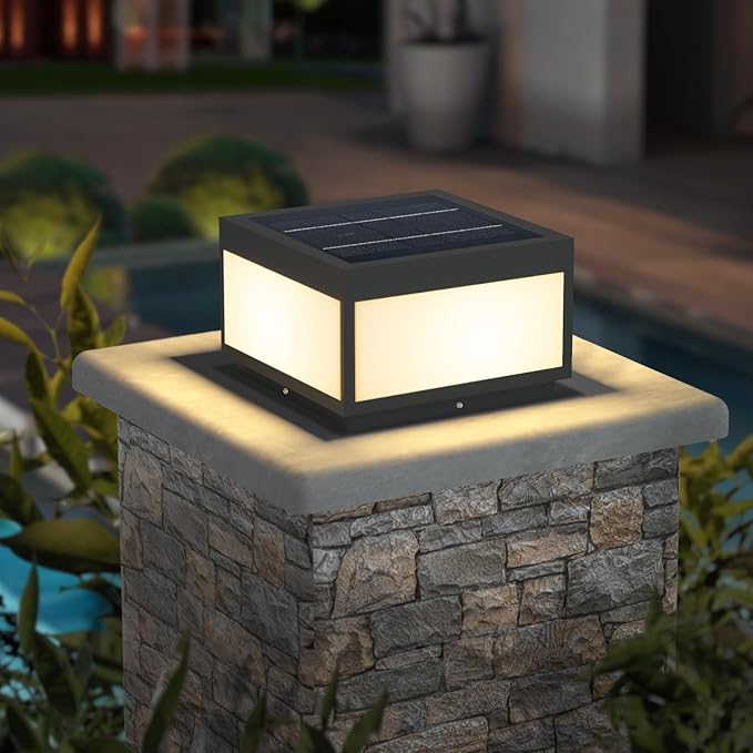 Outdoor Landscape Post Light, Modern 2-in-1 Solar and High Voltage Wired Waterproof Luxury Fence Deck Pillar Cap Patio Garden Decoration Lantern Column Lamp with 4 Different Lighting Color