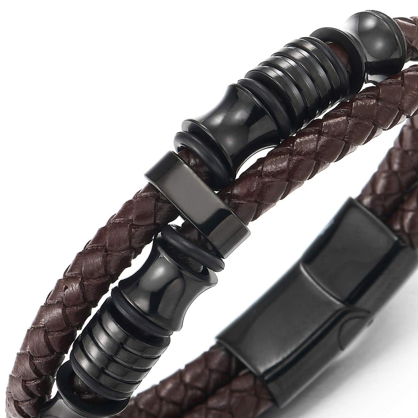 COOLSTEELANDBEYOND Mens Brown Braided Leather Bracelet with Black Stainless Steel Charms, Double Strand Wrap Wristband