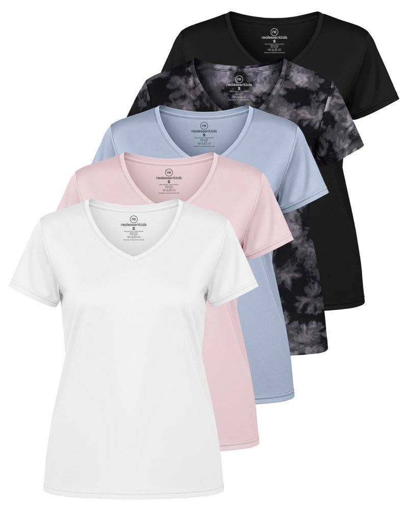 Real Essentials 5 Pack: Women's Dry-Fit Short Sleeve V Neck T Shirt Workout Fitness Yoga Top Tee (Available in Plus Size), Set 16, 3X