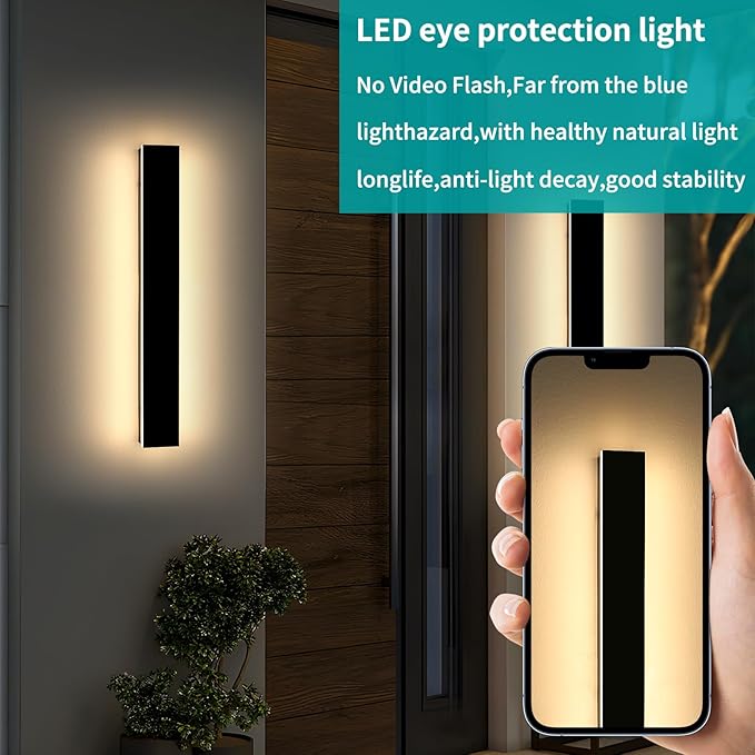 Mikeru 23.6inch Outdoor Wall Light Fixtures, 10%-100% Dimmable Black Exterior Wall Sconces, 3000k-6000k Acrylic Invisible Outdoor Lights for Porch Modern Exterior Wall Lights for House