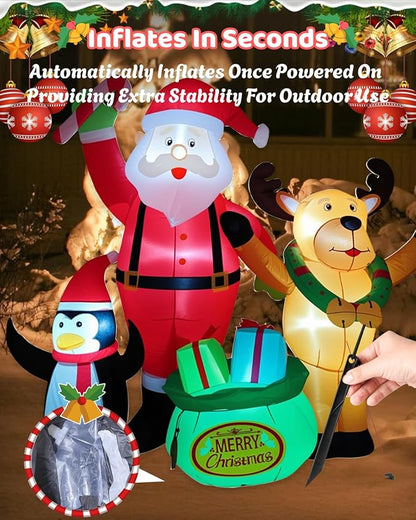 7FT Christmas Inflatables Outdoor Decorations, Blow Up Yard Decorations with Santa Claus Penguins Reindeer and Gift Bag Inflatable with LED Lights for Indoor Outdoor Yard Garden Decor