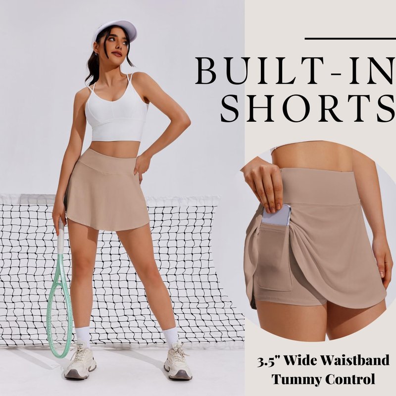 PINSPARK Tennis Skirt Women High Waisted Athletic Skort Mini Skirts with Shorts for Running Workout,Light Coffee XX-Large