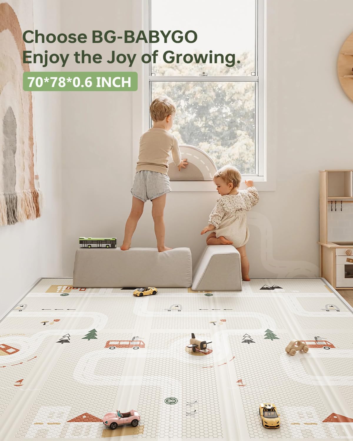 BG-BABYGO Baby Play Mat 50"*78" Foldable Baby Play Mat for Floor Reversible Waterproof Playmats for Babies Boy and Toddlers Infants Edge Reinforcement Crawling Mat for Indoor&Outdoor&Travel