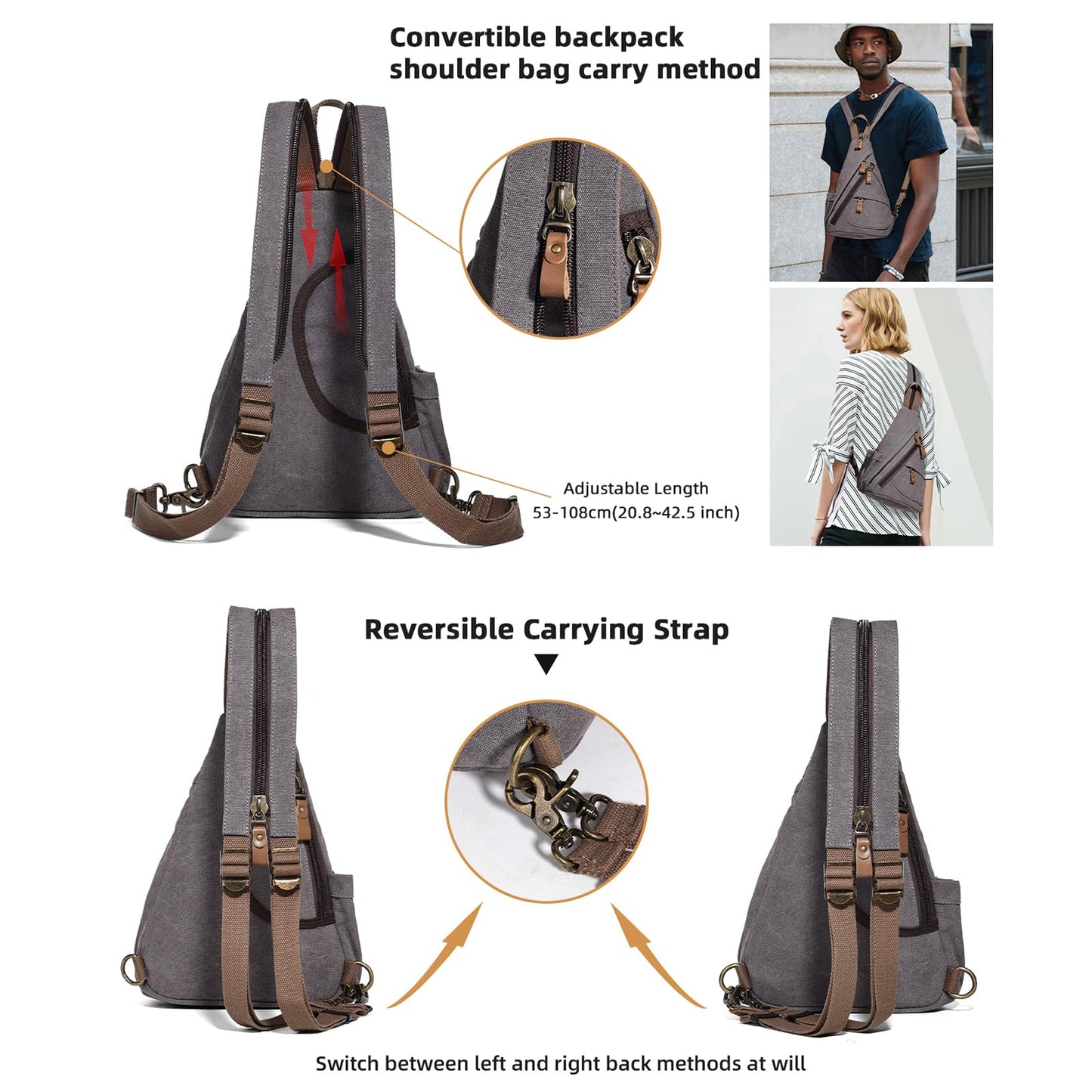 KL928 Canvas Sling Bag - Small Crossbody Backpack Shoulder Casual Daypack Rucksack for Men Women(Small Version, Dark Grey)