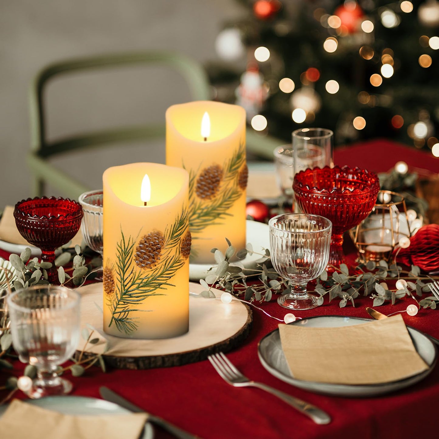 Eldnacele Christmas Flameless Candles with 6 Hour Timer, Battery Operated Hand Painted Pine Cone Real Wax 3D Wick Flickering LED Pillar Candles for Dinner Indoor Holiday Xmas Decor(2Pcs, D3×H5.7)