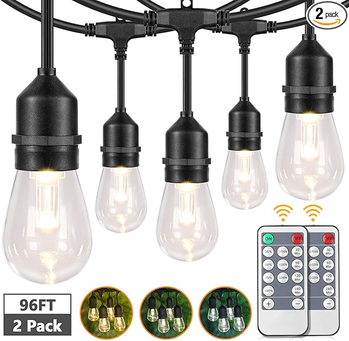 Lakumu 2-Pack 3 Color Dimmable LED Outdoor String Lights for Patio with Remotes, 96FT Waterproof Hanging Lights with Shatterproof Edison Bulbs for Bistro Backyard-Warm White/Neutral White/Daylight