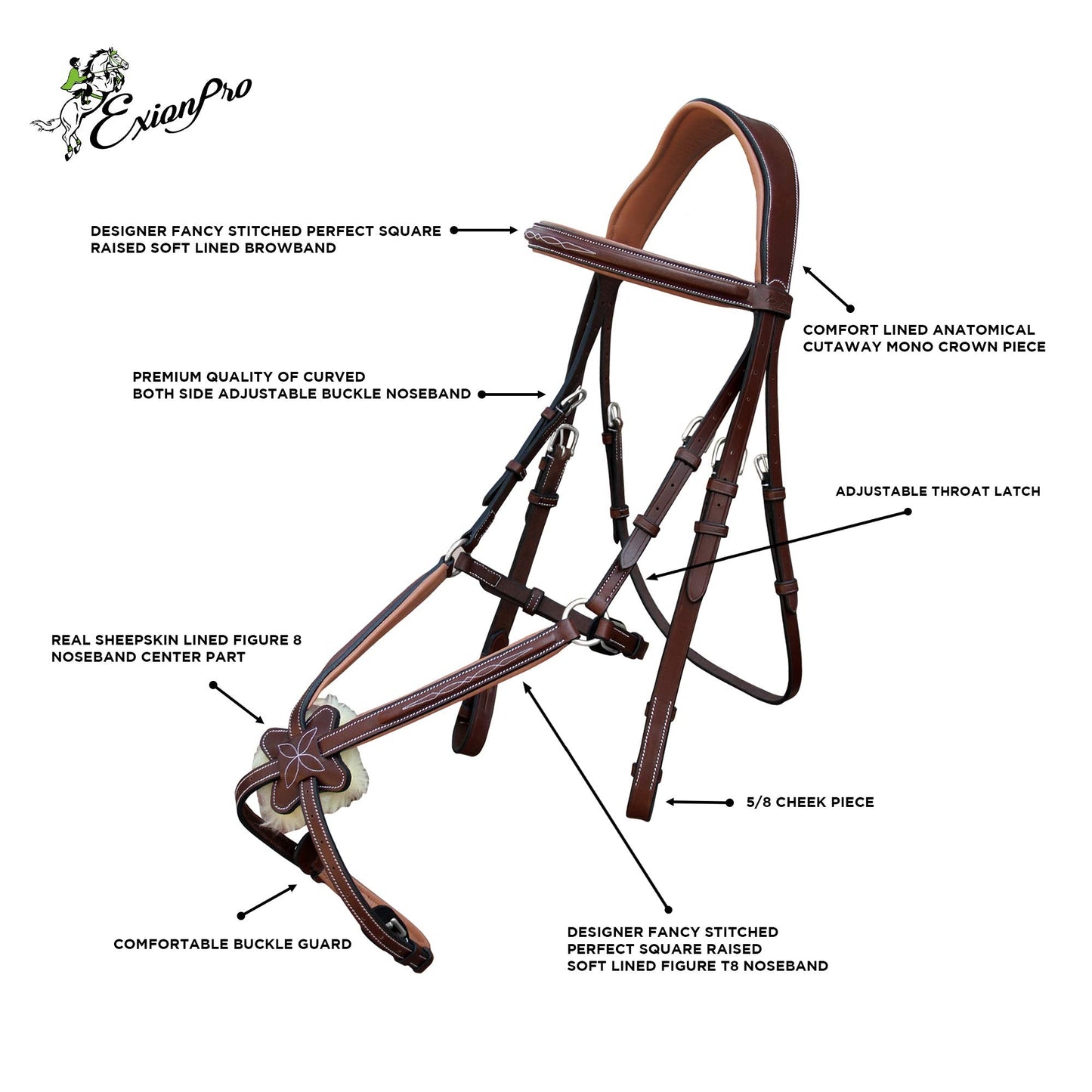 ExionPro Comfortable Broad Free Ear Anatomic Shape Mono Crown Piece Fancy Stitched Figure 8 Padded Noseband English Bridle & Rubber Reins (Oak Brown, Vegetable Tanned Leather - Cob Size)