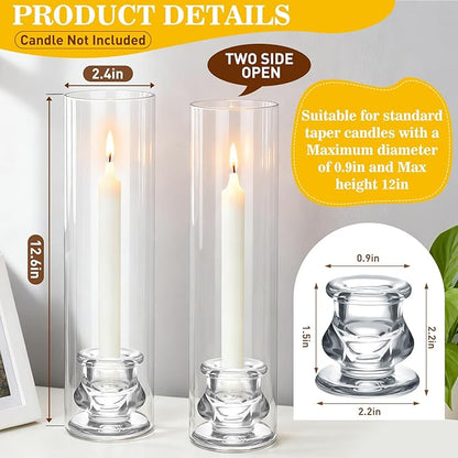 6 Set Hurricane Glass Candlestick Holders 12.6" Two Side Open Glass Candle Holders and 2.2" Taper Candlesticks Holder Bulk for Table Centerpiece Wedding Christmas Home Decor